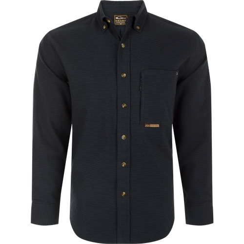 A black long-sleeved shirt with button-down collar, chest pockets, and houndstooth pattern. Perfect for cool weather.