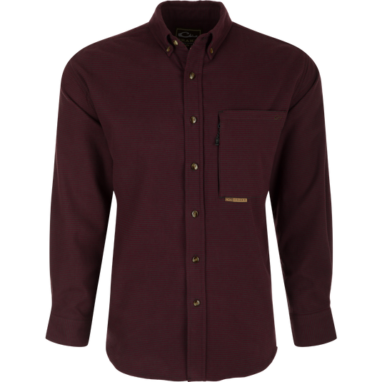 Autumn Brushed Twill Houndstooth Shirt: A long-sleeved shirt with a button-down collar, patch pocket, and hidden zippered chest pocket.