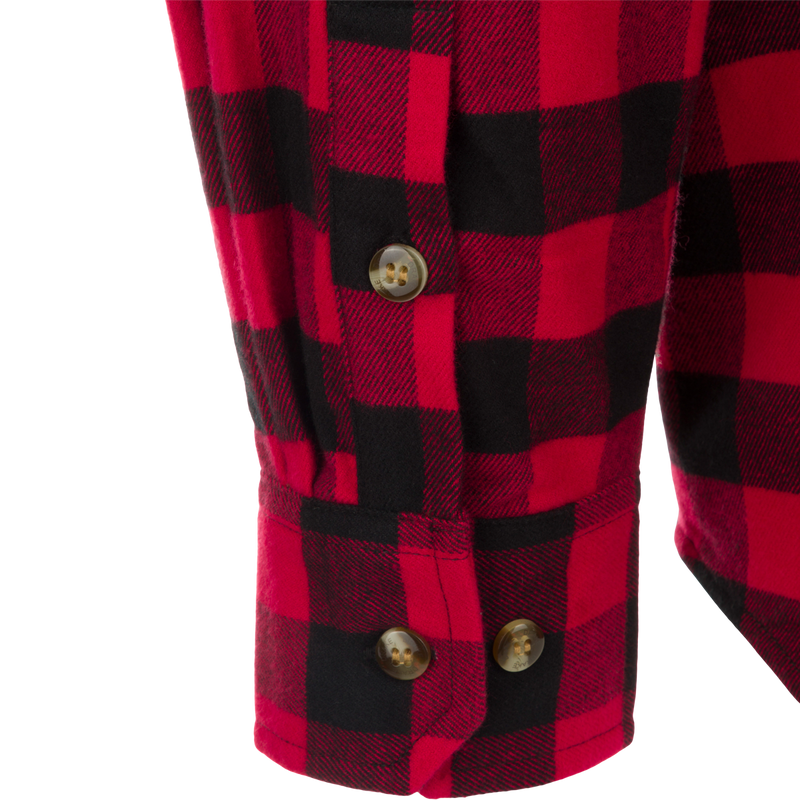 Autumn Brushed Twill Buffalo Plaid Long Sleeve Shirt, a close up of a red and black flannel shirt with button details.