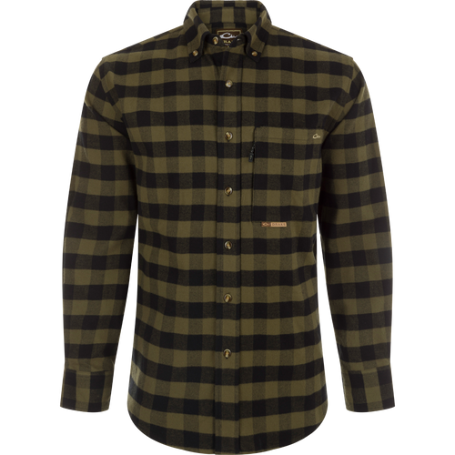 Autumn Brushed Twill Buffalo Plaid Shirt with classic collar, back pleat, and chest pockets.