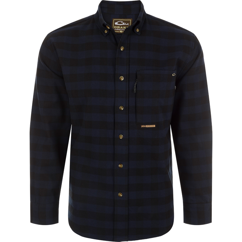 Autumn Brushed Twill Buffalo Plaid Long Sleeve Shirt with button-down collar, chest pockets, and hidden zipper.