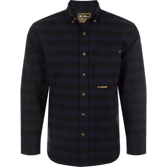 Autumn Brushed Twill Buffalo Plaid Long Sleeve Shirt with button-down collar, chest pockets, and hidden zipper.