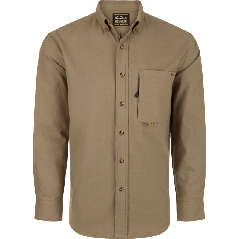 Autumn Brushed Twill Long Sleeve Shirt with button-down collar, back box pleat, and two pockets for storage. Lightweight and breathable 100% brushed cotton twill.