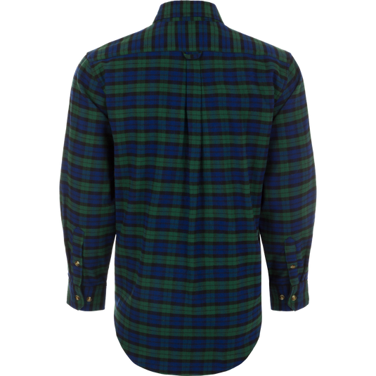 Autumn Brushed Twill Plaid Long Sleeve Shirt, a sophisticated midweight shirt with a classic button-down collar and traditional pleat. Features open and zippered chest pockets for valuables.