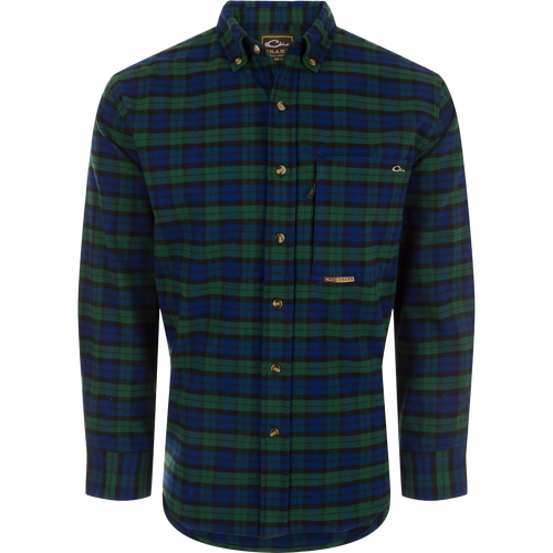 Autumn Brushed Twill Plaid Long Sleeve Shirt featuring classic collar, back box pleat, and chest pockets. Sophisticated and refined.