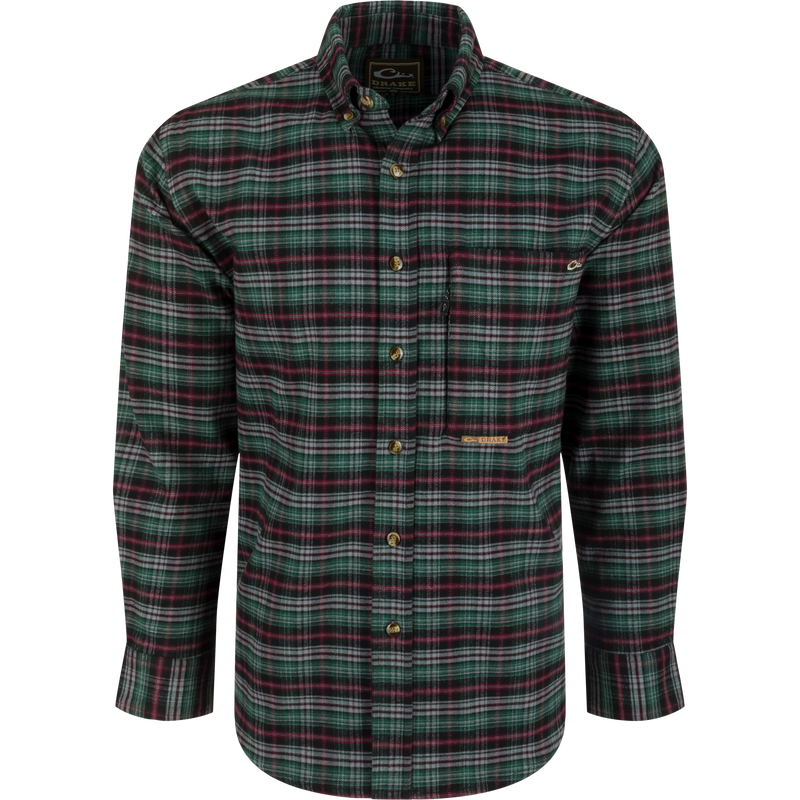 Autumn Brushed Twill Plaid Long Sleeve Shirt with button-down collar, back box pleat, and chest pockets. 100% brushed cotton twill.