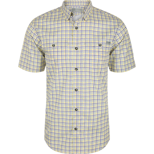 Frat Tattersall Shirt S/S: A lightweight, moisture-wicking shirt with UPF30 sun protection. Features include a hidden button-down collar, vented cape back, and two button-through flap chest pockets. Sculpted hem with a built-in sunglass wipe.