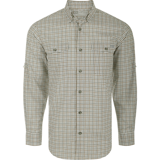 Frat Tattersall Shirt L/S: A classic fit shirt with hidden button-down collar, chest pockets, and vented cape back. Features include UPF30 sun protection, moisture-wicking, and quick-drying fabric. Sculpted hem allows for tucked or untucked wear. Lightweight and stretchy with a built-in sunglass wipe.
