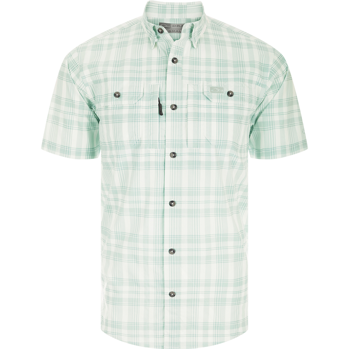 Frat Faded Plaid Short Sleeve Shirt with hidden button down collar, vented cape back, and two chest pockets. Lightweight and moisture-wicking.