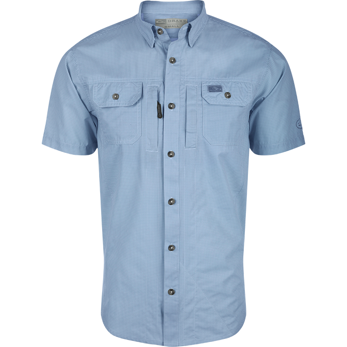 Marina Blue Frat Houndstooth Check Short Sleeve Shirt with button, collar, and fabric details for outdoor adventures.