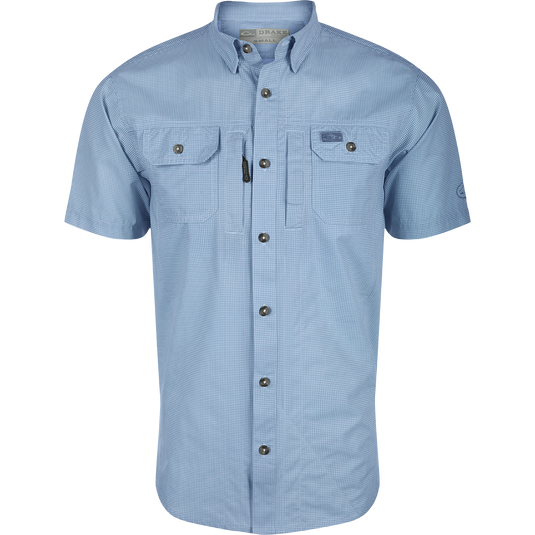 Marina Blue Frat Houndstooth Check Short Sleeve Shirt with button, collar, and fabric details for outdoor adventures.