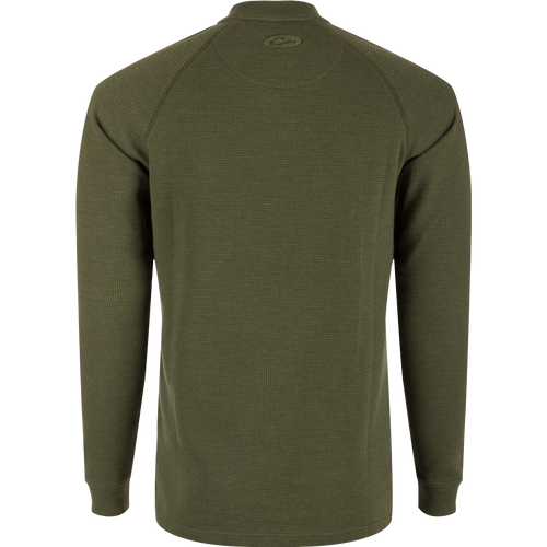 A high-quality Weston Lakes Waffle Long Sleeve Henley by Drake Men's, featuring raglan sleeves, metal logo buttons, and a split tail hem. Ideal for hunting and outdoor activities.