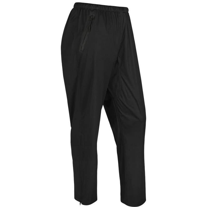 Tempest Ultralight Packable Rain Pant with zipper on black pants, perfect for spring showers. Waterproof, windproof, and breathable.