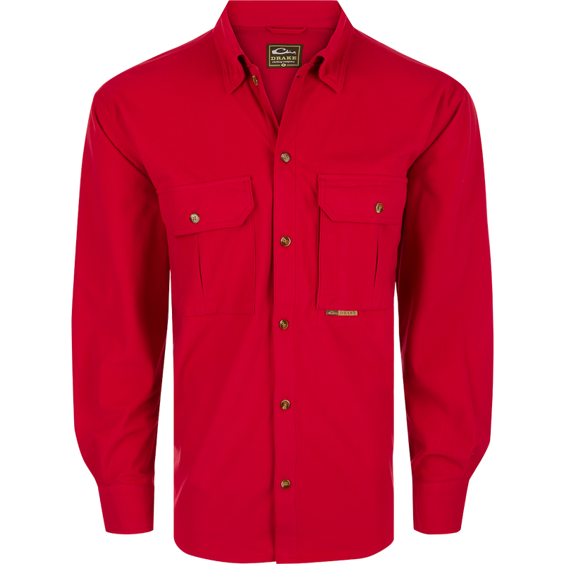 A red Three Pocket Micro-Fleece Shirt featuring soft, warm, and breathable 240-gram brushed micro-fleece fabric. Designed with two chest pockets, a hidden vertical Magnattach™ pocket, and a seven-button front with concealed button-down collar. Ideal for fall and winter outdoor activities.