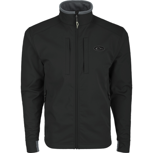 A black Windproof Soft Shell Jacket with logo, zippered pockets, pit zips, and drawcord waist. 100% polyester shell and bonded grid fleece lining.