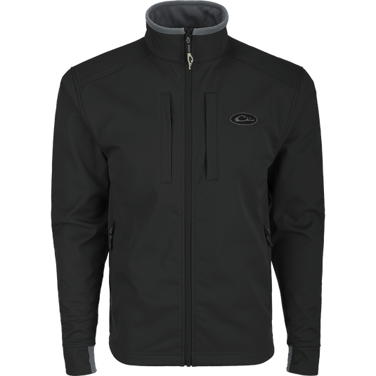 A black Windproof Soft Shell Jacket with logo, zippered pockets, pit zips, and drawcord waist. 100% polyester shell and bonded grid fleece lining.