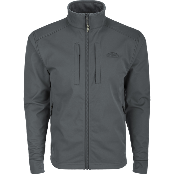 A Windproof Soft Shell Jacket with 4-way stretch and water resistant protection. Features YKK zippered pockets and drawcord waist.