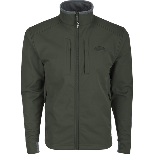 A durable Windproof Soft Shell Jacket with 4-way stretch and water resistant protection. Features YKK zippered pockets and drawcord waist.