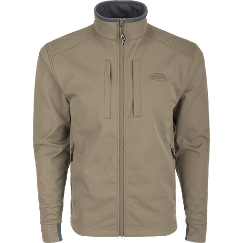 Windproof Soft Shell Jacket with YKK zippers and multiple pockets. Water resistant and durable for outdoor activities.