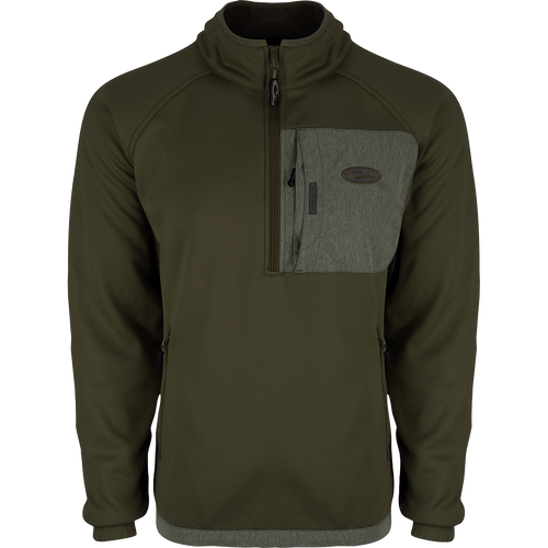 Endurance 1/4 Zip Pullover: Green jacket with zipper and pocket. Ideal for early to mid-season conditions. Raglan sleeves for improved range of motion. Lower zippered slash pockets for keys and wallet. Made of 100% polyester.