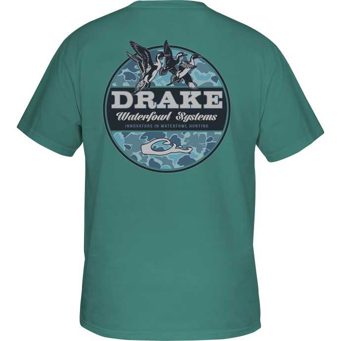 Youth Old School Circle T-Shirt with Drake logo on the back, featuring ducks in flight from our Old School Camo Series. 60% cotton, 40% polyester blend for softness and comfort. Lightweight at 180 GSM. Final Sale.