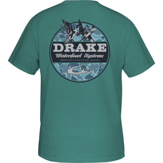Youth Old School Circle T-Shirt with Drake logo on the back, featuring ducks in flight from our Old School Camo Series. 60% cotton, 40% polyester blend for softness and comfort. Lightweight at 180 GSM. Final Sale.