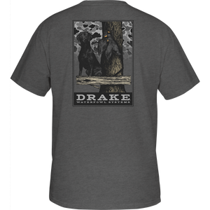Old School Dog Stand T-Shirt featuring Lab in camo series. Drake logo on front pocket. 60% cotton, 40% polyester blend for softness. Lightweight at 180 GSM.