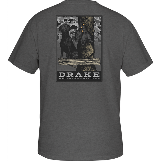 Old School Dog Stand T-Shirt featuring Lab in camo series. Drake logo on front pocket. 60% cotton, 40% polyester blend for softness. Lightweight at 180 GSM.