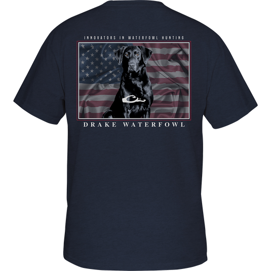 Americana Lab T-Shirt with Drake logo pocket on the front. Back of the shirt features a dog sitting in front of an American flag.