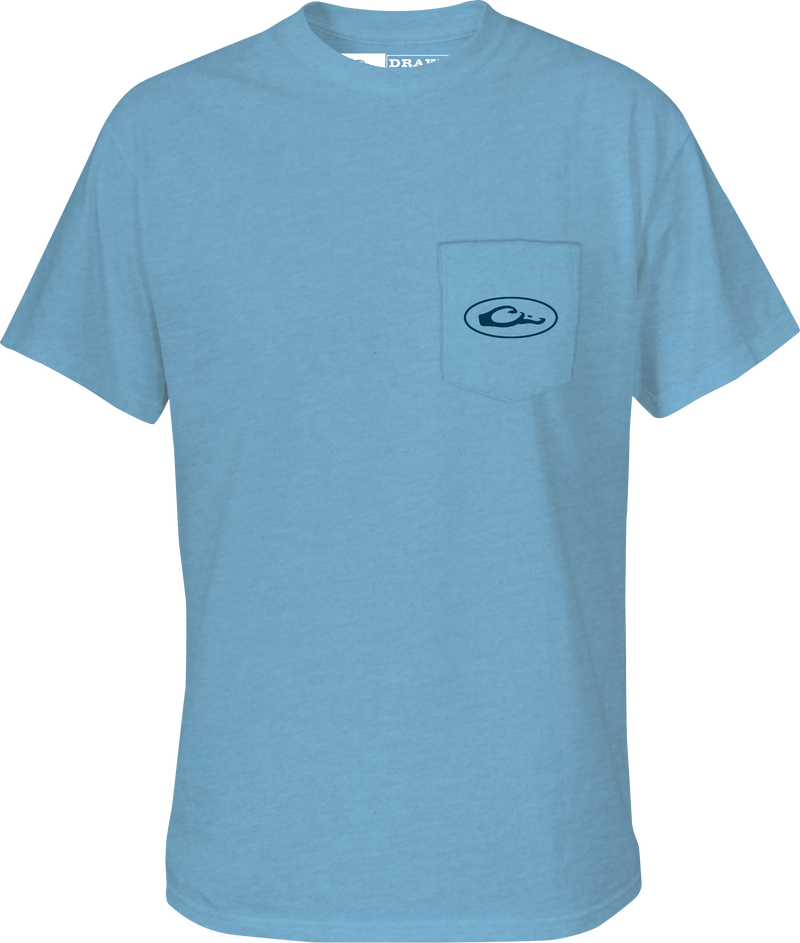 Pop Art Pick Up T-Shirt with Drake logo pocket on a light blue t-shirt