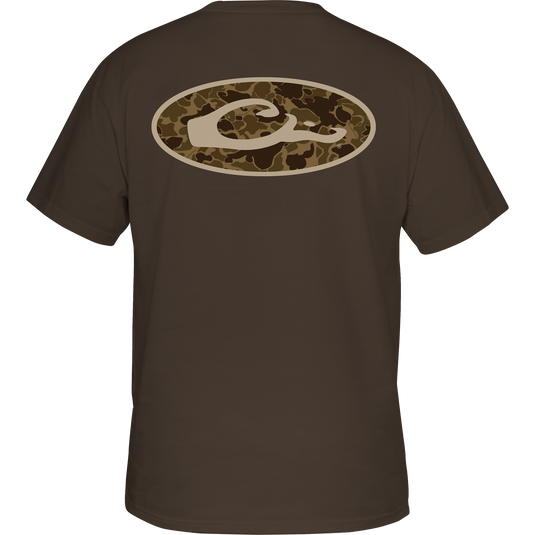 Back view of Old School Oval T-Shirt by Drake Waterfowl, featuring exclusive Old School Camo logo. 60% Cotton/40% Polyester blend for comfort. Front pocket with Drake Waterfowl logo.