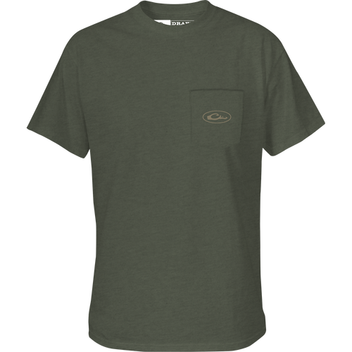 A green Old School Oval T-Shirt with a pocket featuring Drake Waterfowl logos. Constructed with 60% Cotton/40% Polyester blend, lightweight at 180 GSM. Back screen print of Old School Camo and Drake logo.