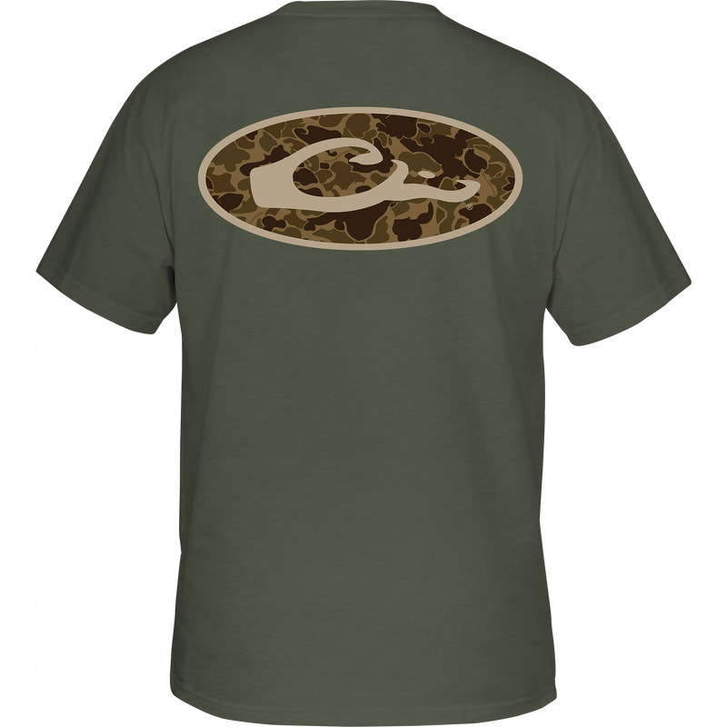 Old School Oval T-Shirt with exclusive Old School Camo back print featuring Drake logo. Cotton/polyester blend for comfort. Front pocket with Drake Waterfowl logo.