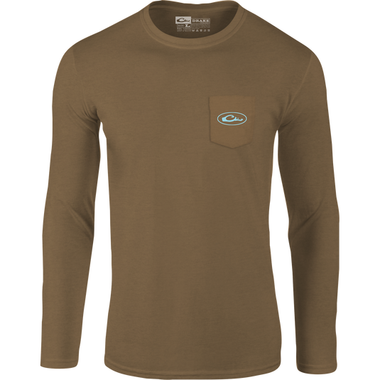 A long-sleeved shirt with a pocket featuring the Drake logo and an Old School Camo design.