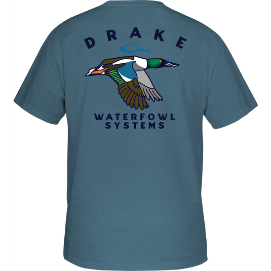 Retro Northern Shoveler T-Shirt featuring a duck graphic on the back, part of Drake Waterfowl's hunting-inspired collection. Cotton-polyester blend for softness, Drake logo on front pocket.