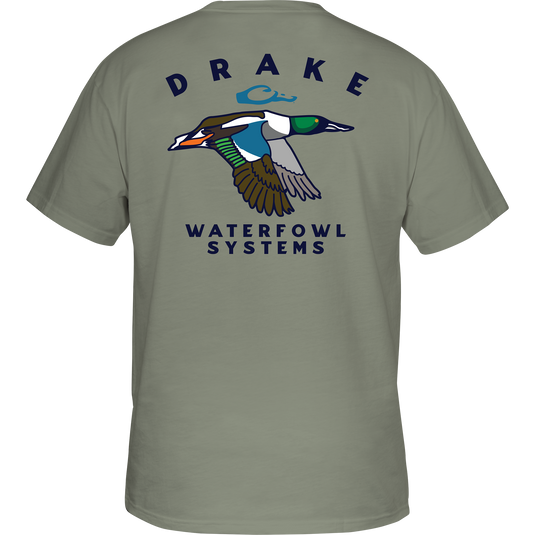 Retro Northern Shoveler T-Shirt featuring a duck graphic on a grey tee with Drake logo pocket. 60% cotton, 40% polyester for comfort. From Drake Waterfowl's hunting-inspired collection.