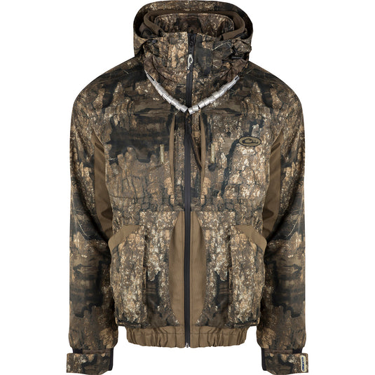 LST Women's Reflex 3 In 1 Plus 2 Jacket: A versatile camouflage jacket with a zipper, designed for all hunting conditions. Waterproof, windproof, and breathable G3-Flex™ fabric with taped seams. Features multiple pockets and adjustable hood. Includes a synthetic down pack jacket liner for added insulation.