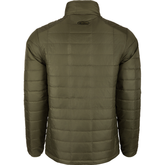 A back view of our Synthetic Down Pac-Jacket, a stylish outerwear for battling the elements. Constructed with a 100% Polyester Shell with Rectangular Baffle and a DWR Water Repellent Finish. Features include YKK Zippered Pockets, Elastic Banded Cuffs, and a Drawcord Waist with Cord Locks. Adventure awaits!