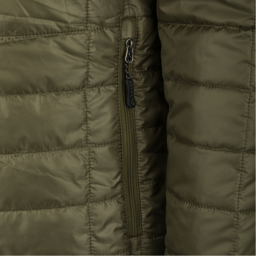 A close-up of the Synthetic Down Pac-Jacket, featuring a zipper and elastic banded cuffs. Stay dry with the DWR Water Repellent Finish.