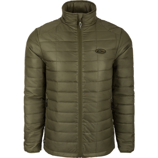 A Synthetic Down Pac-Jacket with a water-repellent finish, zippered pockets, elastic cuffs, and drawcord waist. Stay protected in style.