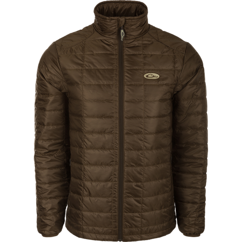 Synthetic Down Pac-Jacket: A brown jacket with rectangular baffle design, water repellent finish, zippered pockets, elastic cuffs, and drawcord waist for protection and portability.