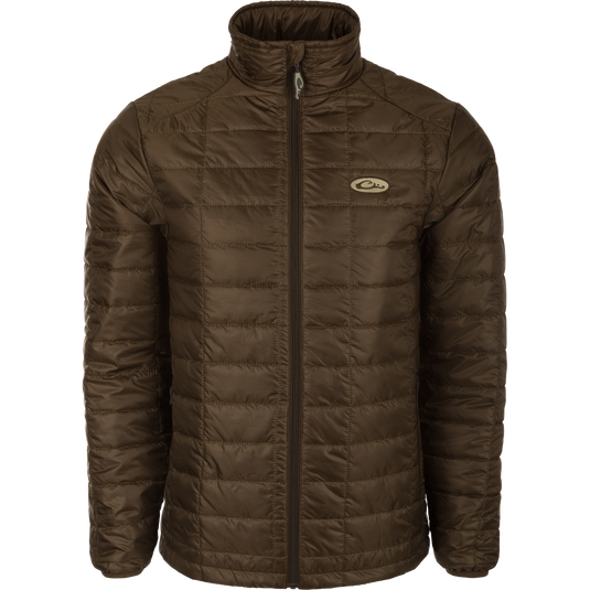 Synthetic Down Pac-Jacket: A brown jacket with rectangular baffle design, water repellent finish, zippered pockets, elastic cuffs, and drawcord waist for protection and portability.
