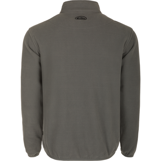 A lightweight grey Camp Fleece Pullover 2.0 with a logo, perfect for layering with Drake outerwear. Highly breathable and moisture-wicking, it's ideal for Spring or Fall outfits.