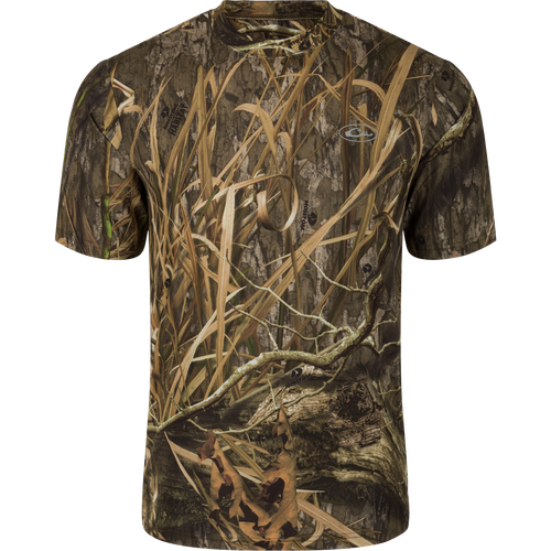 EST Camo Performance Crew S/S: A durable camouflage shirt with 4-Way Stretch and Shield 4 treatments for sun protection, cooling, odor control, and stain resistance.