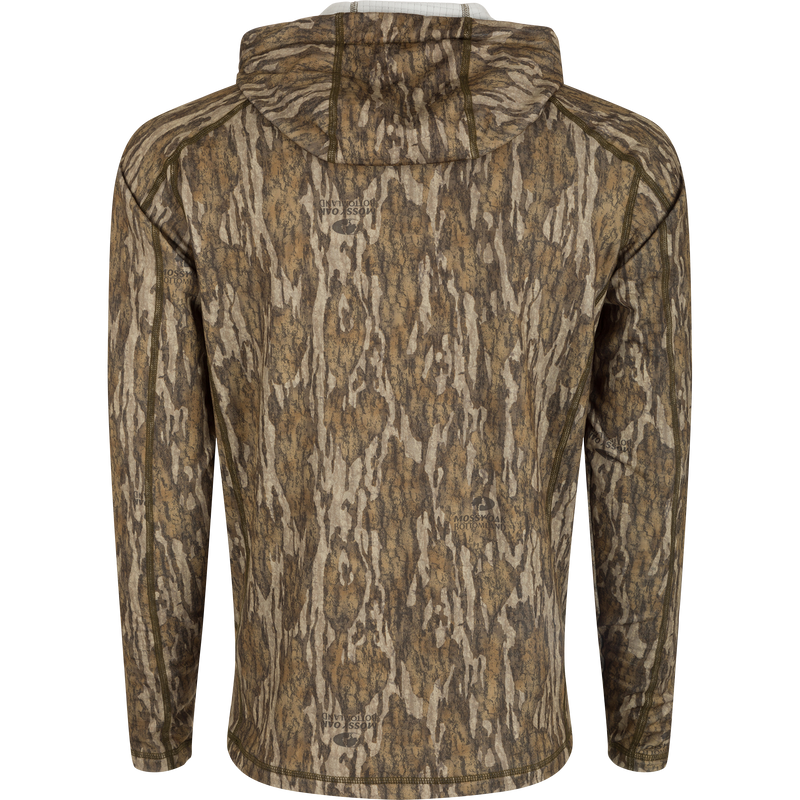 MST Breathelite 1/4-Zip Camo Hooded Base Layer: A jacket with camo pattern, raglan sleeves, and a soft hooded design for added warmth.