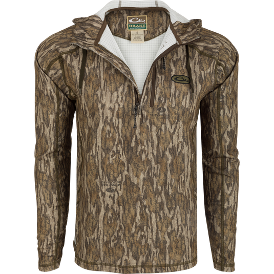 MST Breathelite 1/4-Zip Camo Hooded Base Layer: A camouflage jacket with a white collar, raglan sleeves, and a soft hooded design for added warmth.