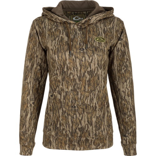 Women's MST Performance Hoodie: A camouflage hoodie with a soft, combed fleece interior for enhanced comfort, heat retention, and moisture management. Double-lined hood and kangaroo pouch for wind protection and extra warmth. Improved stretch and fit for increased range-of-motion. High-quality hunting gear from Drake Waterfowl.