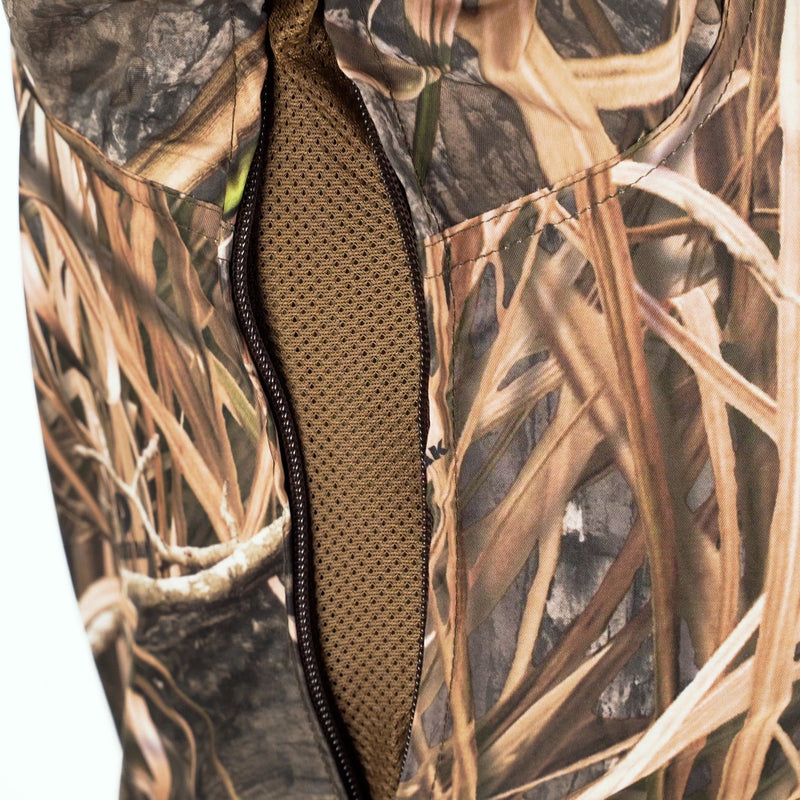 A close-up of the EST Heat-Escape Full Zip 2.0 - Realtree, showcasing a camouflage shirt with a zipper.