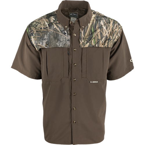 A lightweight, breathable Wingshooter's Shirt with a camo design. Features vents, mesh, and a button-down collar. Perfect for hunting and shooting.