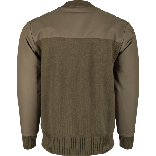 A 1/4 Zip Wool Sweater with a knitted wool lower and a polyester upper treated with DWR for protection. Warm, breathable, and stylish.